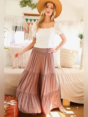 Maxi Tiered Wide Leg Beach Palazzo Pants | SM147 | Mocha